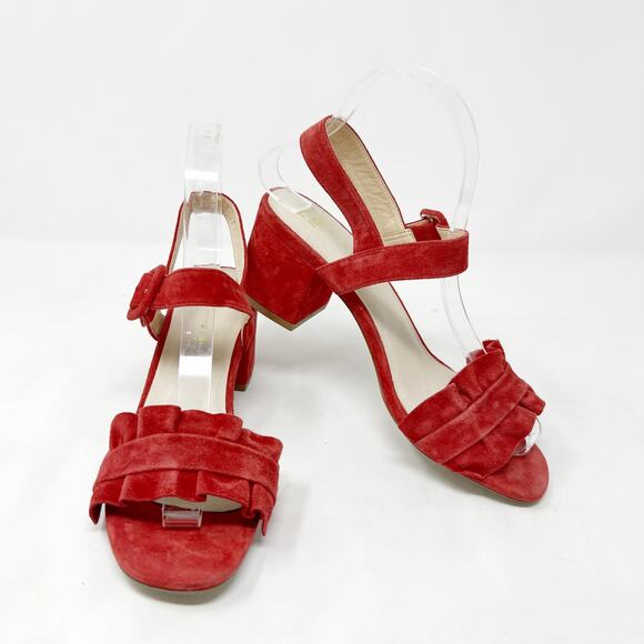 [E8 By Miista] Red Suede Leather Sandie Ruffle Strap Block Heel Sandals Size 5.5 - Picture 2 of 12